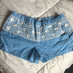 Madewell Blue and White Bermuda Shorts with Floral Embroidery